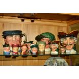 A COLLECTION OF ROYAL DOULTON CHARACTER TOBY JUGS, etc to include Dick Turpin in three sizes, Toby