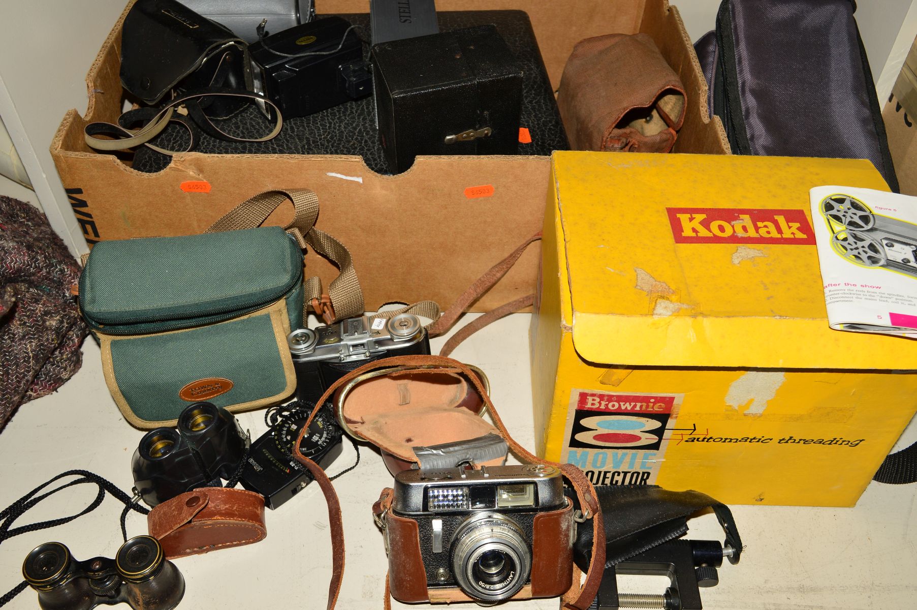 A BOX OF CAMERAS AND EQUIPMENT, including a Voigtlander Vito 2, Vito CL, a Kodak Popular Brownie,