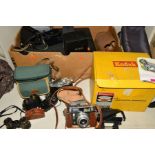 A BOX OF CAMERAS AND EQUIPMENT, including a Voigtlander Vito 2, Vito CL, a Kodak Popular Brownie,