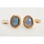 A PAIR OF 9CT GOLD OPAL TRIPLET STUDS, each designed as an oval opal triplet within a collet setting