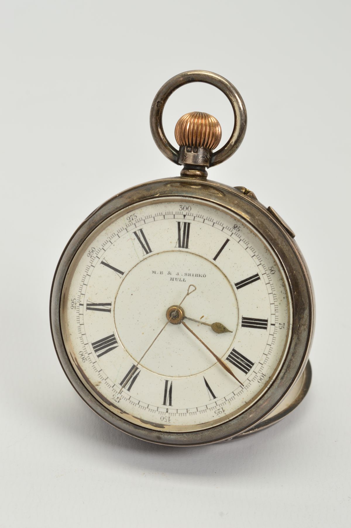 A LATE VICTORIAN SILVER OPEN FACE POCKET WATCH, the white face with black Roman numerals, with