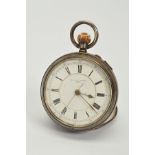 A LATE VICTORIAN SILVER OPEN FACE POCKET WATCH, the white face with black Roman numerals, with