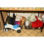 TWO BOXES AND LOOSE ITEMS to include a quantity of hand/shoulder bags, branded John Lewis, Pavers,
