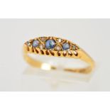 AN EARLY 20TH CENTURY 18CT GOLD SAPPHIRE AND DIAMOND RING, designed as three graduated circular