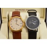 TWO WATCHES, Raymond Weil gold plated wristwatch on brown leather strap, beige Roman numeral dial