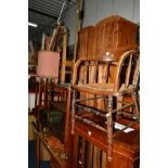 A 1960'S TEAK DESK, with three drawers, oak trolley, oak clothes rail, brass standard lamp, oak