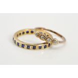 A 9CT GOLD SYNTHETIC BLUE SPINEL FULL ETERNITY RING AND A FOUR STONE DIAMOND RING, the first