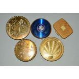 FIVE VINTAGE COMPACTS, to include a circular Statton compact with an image of a couple in period