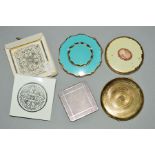 FIVE VINTAGE COMPACTS, to include a square engine turned compact, a shaped Stratton compact with