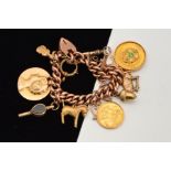 A CHARM BRACELET, designed as a curb link bracelet, with heart padlock clasp, terminal links and