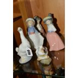 SIX NAO AND LLADRO FIGURES, to include Lladro Duck, Nao Duck, girl holding her skirt No1290, girl on