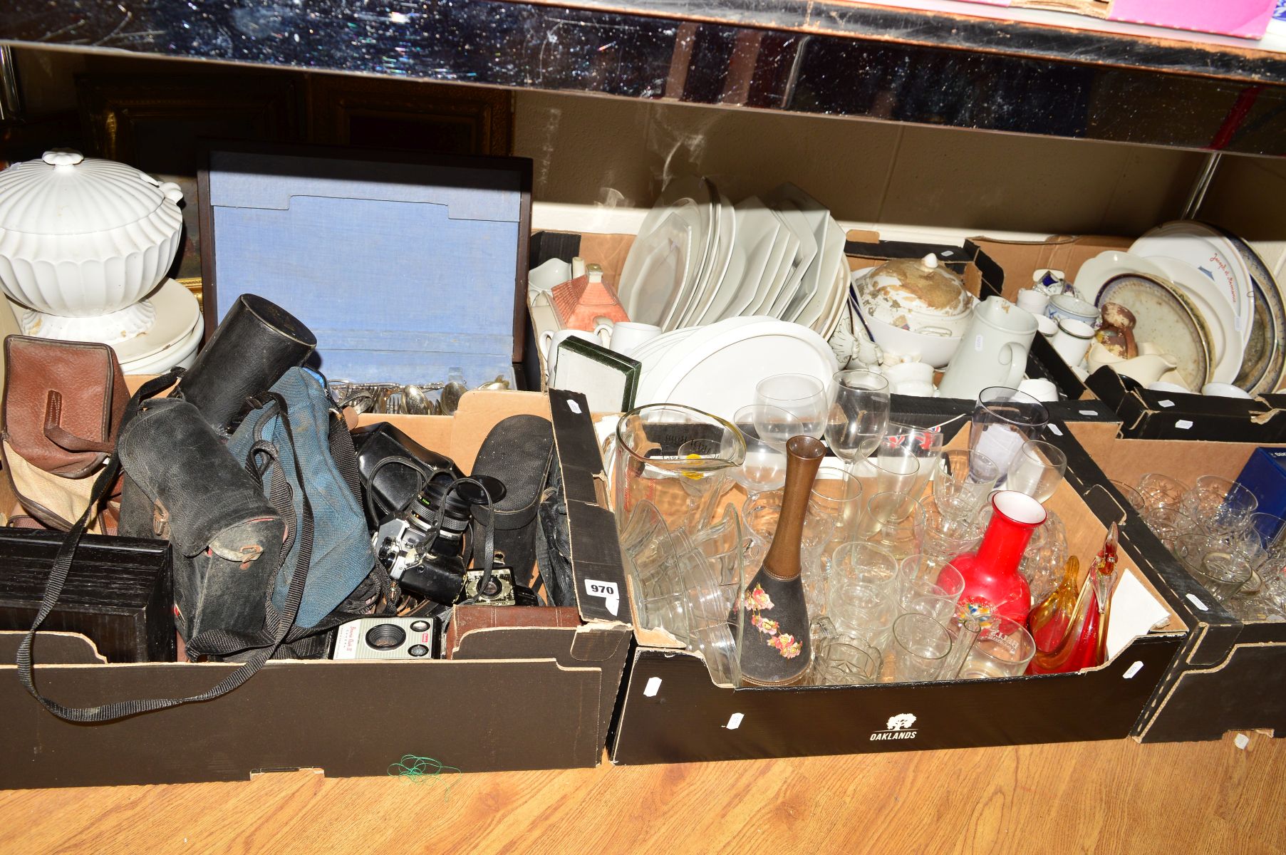 SIX BOXES AND LOOSE CAMERAS, EMPTY CASES, GLASSWARES, CERAMICS, CUTLERY, SEWING MACHINE ETC, to