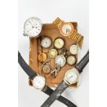A SMALL BOX CONTAINING A COLLECTION OF WRISTWATCHES AND POCKET WATCHES, to include a variety of