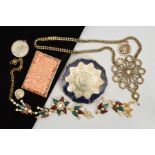 A SELECTION OF MAINLY JEWELLERY, to include a compact, three St. Christopher pendants, two costume