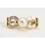 A 9CT GOLD BI-COLOUR CULTURED PEARL AND DIAMOND SPACER BROOCH, designed as a central cultured