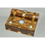 A VICTORIAN BRASS BOUND COROMANDEL AND SATINWOOD WRITING SLOPE, hinged front enclosing a blue