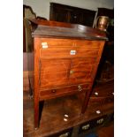 AN EDWARDIAN MAHOGANY AND INLAID POT CUPBOARD, gallery top, double cupboard doors and a single