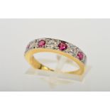 AN 18CT GOLD RUBY AND DIAMOND SEVEN STONE RING, designed as a row of four graduated circular