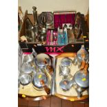 A BOX OF LOOSE METALWARE, to include two Picquot Ware teasets and trays, stainless steel etc