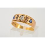 A LATE VICTORIAN 15CT GOLD SAPPHIRE, DIAMOND AND SPLIT PEARL RING, designed as a lightly tapered