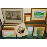 TWO TRAYS OF WATERCOLOUR PAINTINGS BY MIDLANDS ARTIST DEREK FELLOWS, to include landscapes of