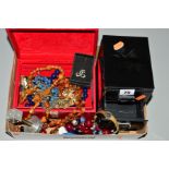 A SMALL BOX OF COSTUME JEWELLERY AND TWO JEWELLERY BOXES, to include an Accurist and a Rotary gold