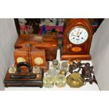 A GROUP OF SUNDRY ITEMS, to include inlaid mantel clock, arabic numerals, key and pendulum, height