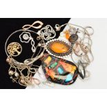 A SELECTION OF MAINLY SILVER AND WHITE METAL JEWELLERY, to include earrings, pendants, a brooch, a