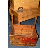 A VICTORIAN PINE PEMBROOKE TABLE, a vintage wooden crate reading OXO and a cast iron iron (3)