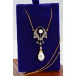 A CULTURED PEARL AND DIAMOND NECKLACE, designed as an openwork wing design set with brilliant cut