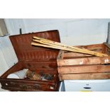 A VINTAGE SCUMBLED TIN TRUNK, with miscellanous contents together with a wooden crate, a pair of