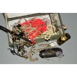 A SMALL BOX OF MAINLY COSTUME JEWELLERY, to include a cased pair of early 20th Century spectacles, a