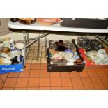 FIVE BOXES AND LOOSE CERAMICS, GLASSWARE, KITCHEN ITEMS ETC, to include Aynsley, Minton,