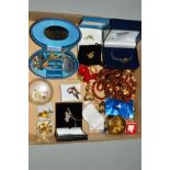 A BOX OF MAINLY COSTUME JEWELLERY, to include a dolphin brooch, pin stamped 375, weight 0.8 grams, a