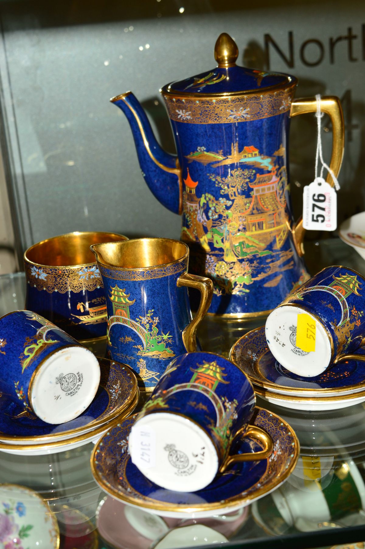 CARLTON WARE, WILTSHAW AND ROBINSON PART COFFEE SET, 'Mikado' pattern on blue ground No2728 pattern,