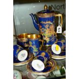 CARLTON WARE, WILTSHAW AND ROBINSON PART COFFEE SET, 'Mikado' pattern on blue ground No2728 pattern,