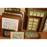 A GROUP OF NEEDLEWORK PICTURES to include two beadwork pictures, framed, one on casters, the other