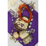 A SELECTION OF MAINLY JEWELLERY, to include a modified amber expandable bracelet, a long moonstone