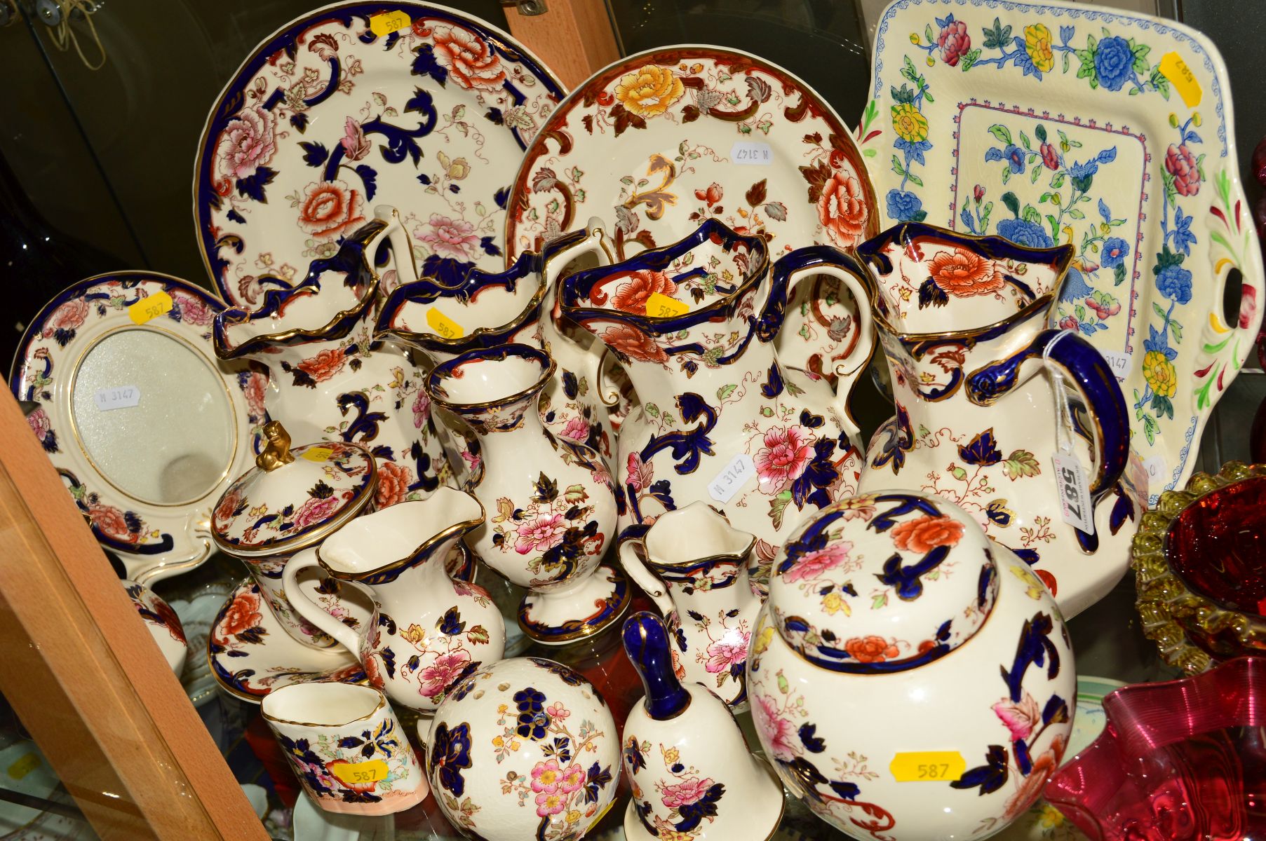 A GROUP OF MASONS, mostly 'Mandalay' jugs, ginger jar, photo frame, trinkets, 'Brown Velvet'