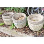 THREE MATCHING CIRCULAR COMPOSITE PLANTERS, with lattice decoration, height 30cm, diameter 34cm (3)