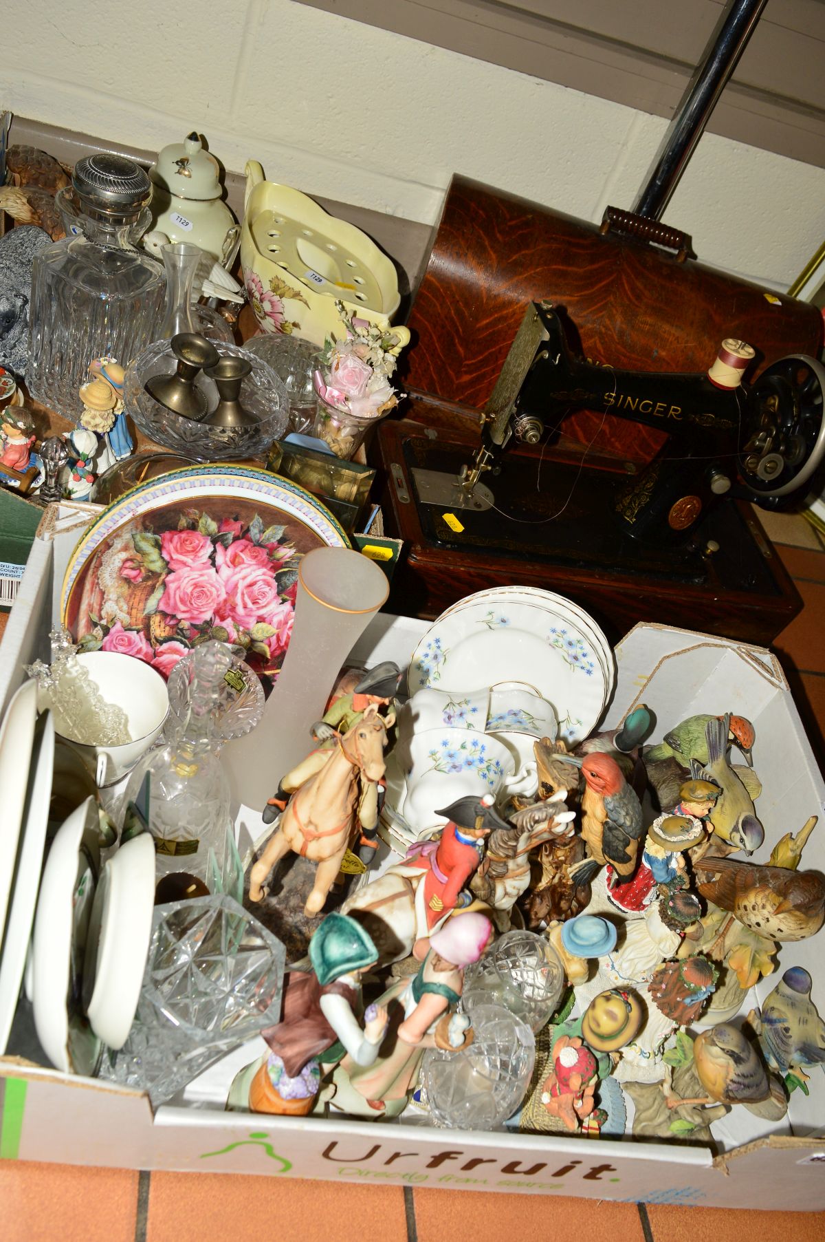 TWO BOXES AND LOOSE CERAMICS, GLASSWARES, METALWARE, CASED SINGER SEWING MACHINE ETC, to include two