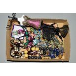 A BOX OF COSTUME JEWELLERY, to include mainly necklaces, together with some earrings