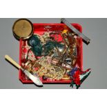 A SMALL BOX OF MAINLY COSTUME JEWELLERY, to include a circular Stratton compact, various