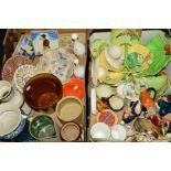 TWO BOXES OF CERAMICS, TILES, ETC, to include Carltonware, Wedgwood, Toby and character jugs (