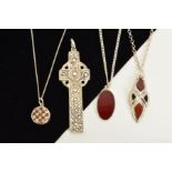 FOUR SILVER AND WHITE METAL PENDANTS, to include a Celtic design cross, an inlaid agate pendant