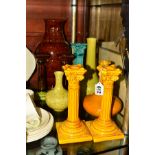 A PAIR OF BURMANTOFTS FACIENCE POTTERY CANDLESTICKS, impressed No1198 and BF to base, height 21cm,