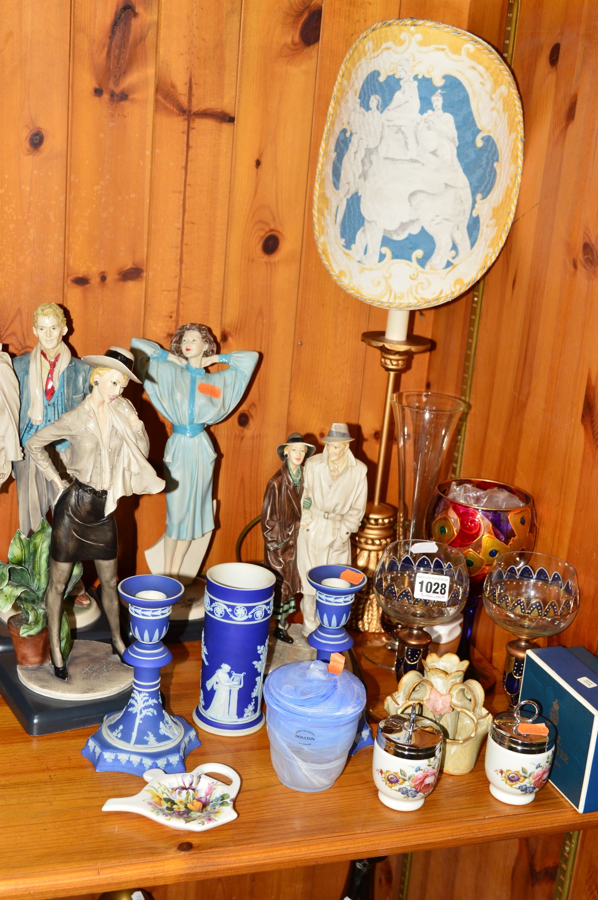 A GROUP OF CERAMICS, GLASS, etc, to include a novelty candlestick shaped light, with tapestry shade,