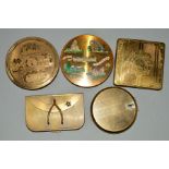 FIVE VINTAGE COMPACTS, to include a Coty compact designed as a purse with wishbone and star