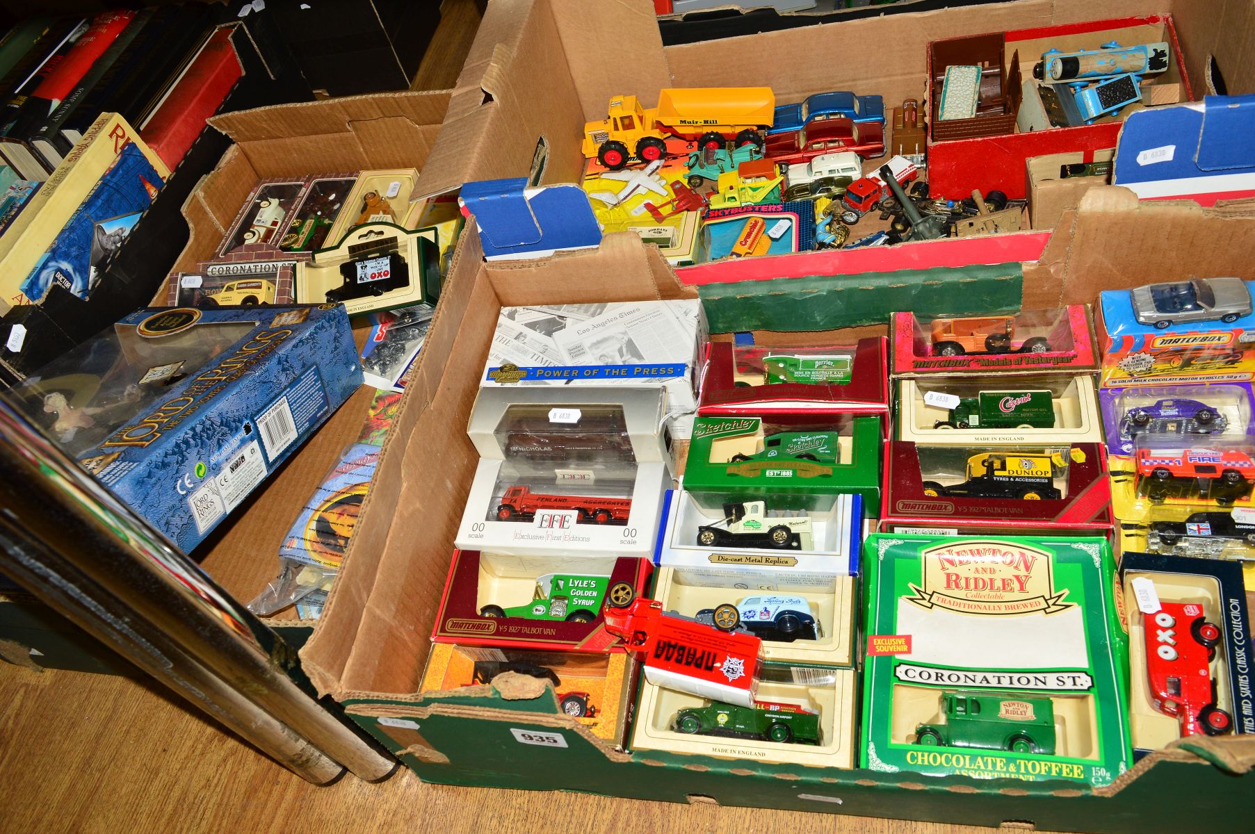 THREE BOXES OF BOXED AND LOOSE DIE CAST VEHICLES AND OTHER ITEMS, to include 'Lord of the Rings'