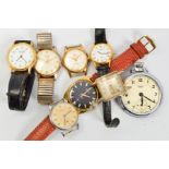SIX WRISTWATCHES AND A POCKET WATCH, to include a Tanis 17 jewel mechanic watch and a pair of Smiths